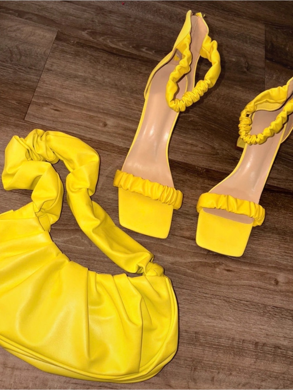 Yellow Ruched Strap Block Heel Sandals - Women